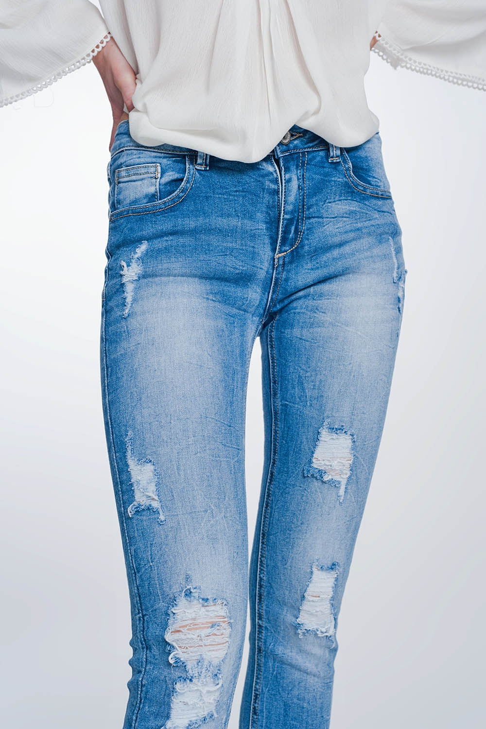 Jean super skinny à grosses déchirures bleu vintage