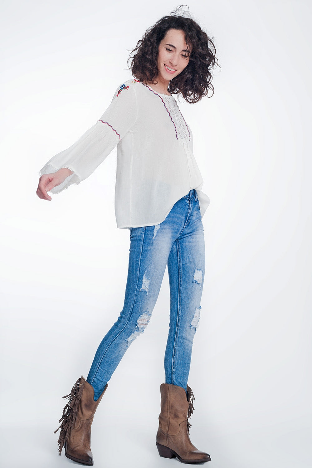 Jean super skinny à grosses déchirures bleu vintage