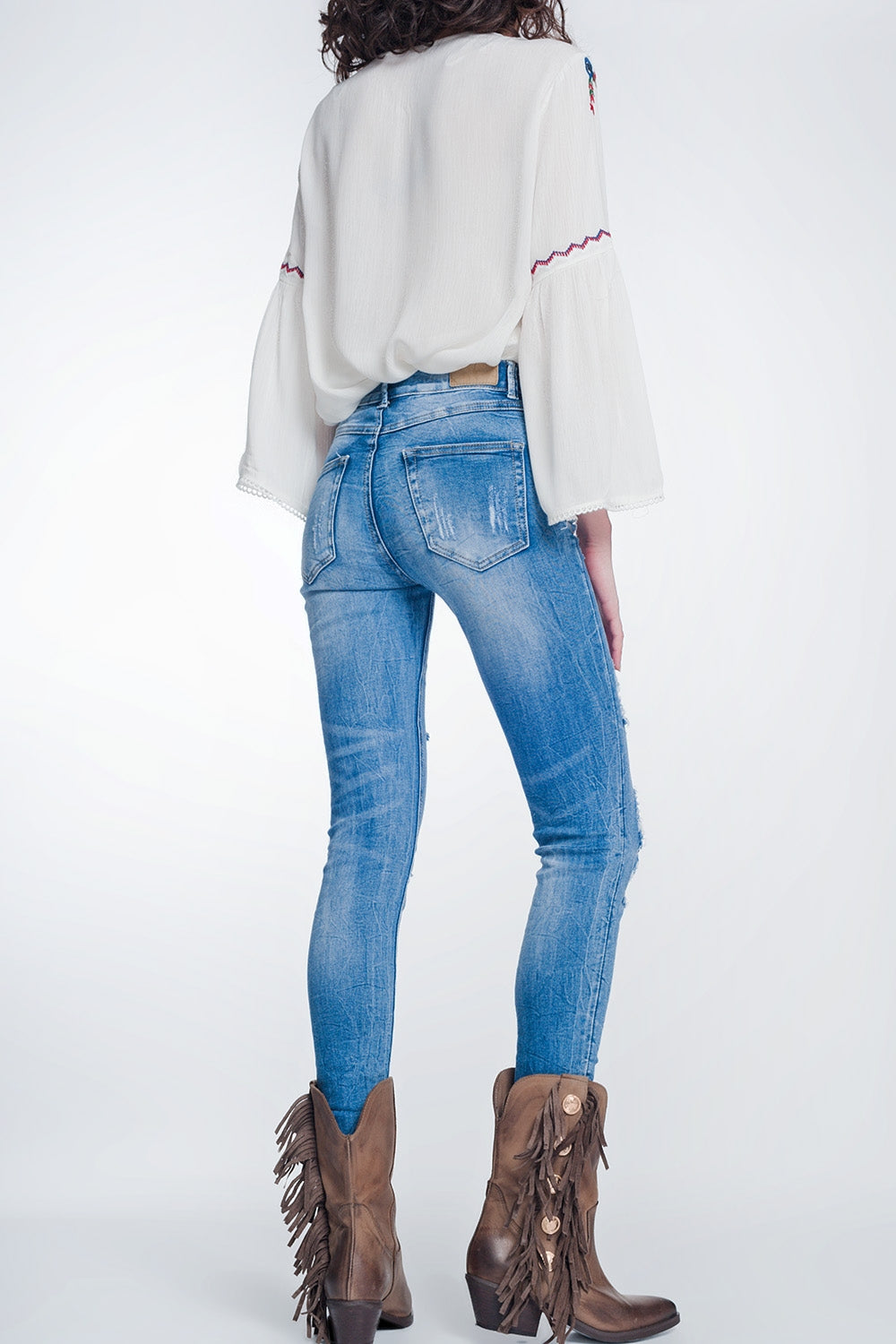 Jean super skinny à grosses déchirures bleu vintage