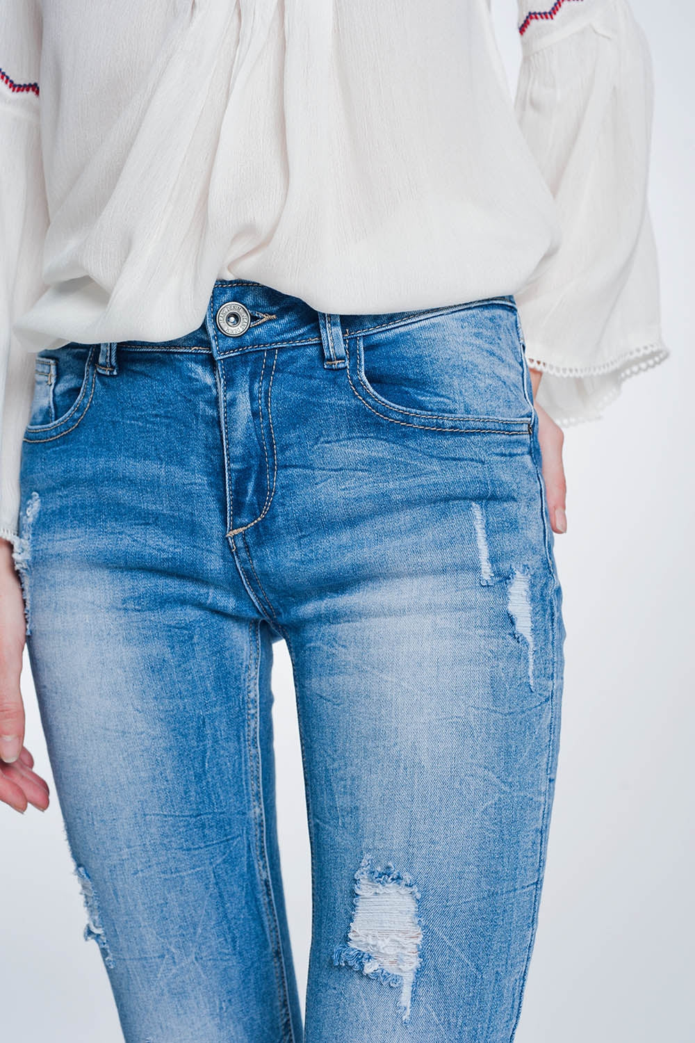 Jean super skinny à grosses déchirures bleu vintage