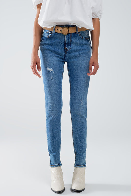 Q2 Jean super skinny en denim extensible délavé avec détails en relief
