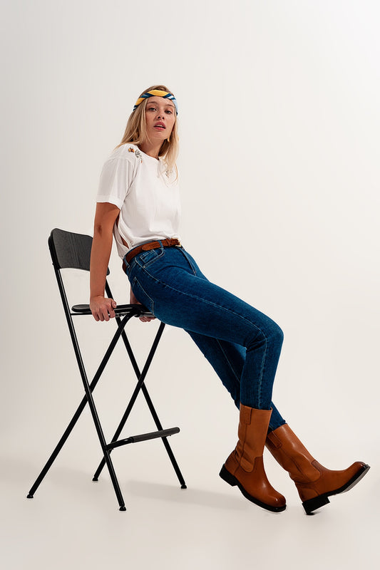 Q2 jean super skinny taille haute en bleu foncé avec élastique de haute qualité