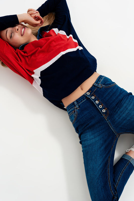 Q2 Jean taille haute avec boutons apprarents  Bleu