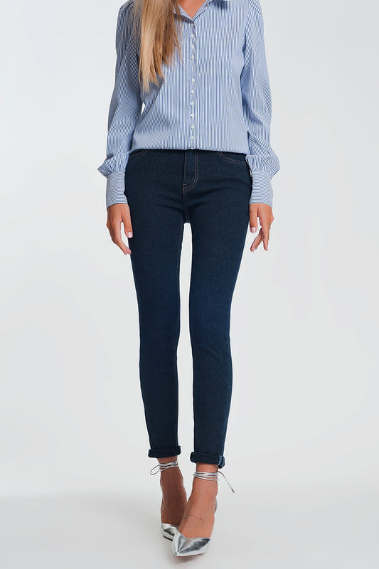 Q2 Jean taille haute effet scintillant lavage foncé