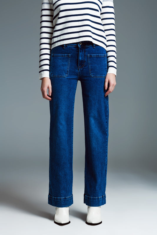 Q2 Jeans à jambe droite avec poches avant de style marin en délavage moyen