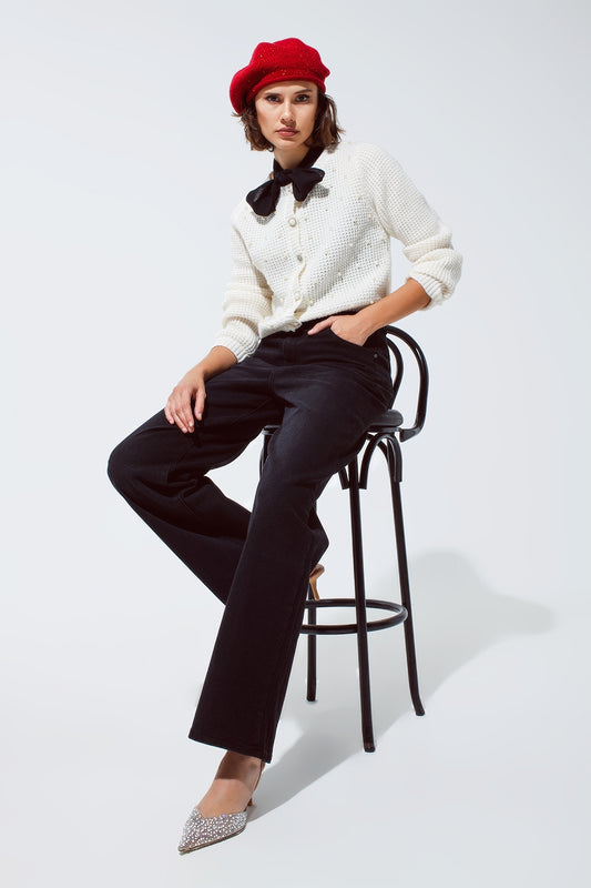 Q2 Jeans à jambe droite avec surpiqûres à la taille en noir