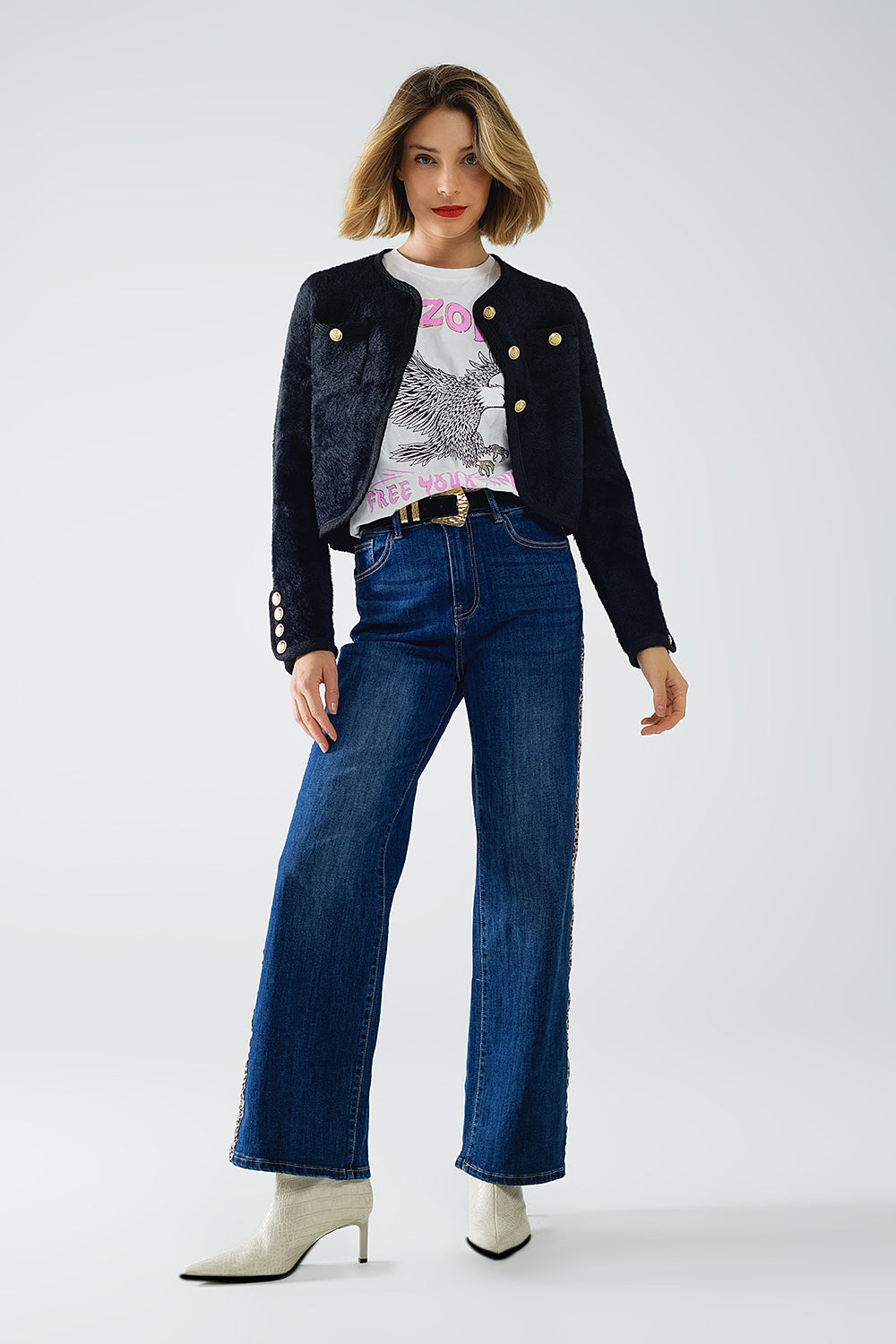 Jeans à jambe large avec rayures léopard sur le côté