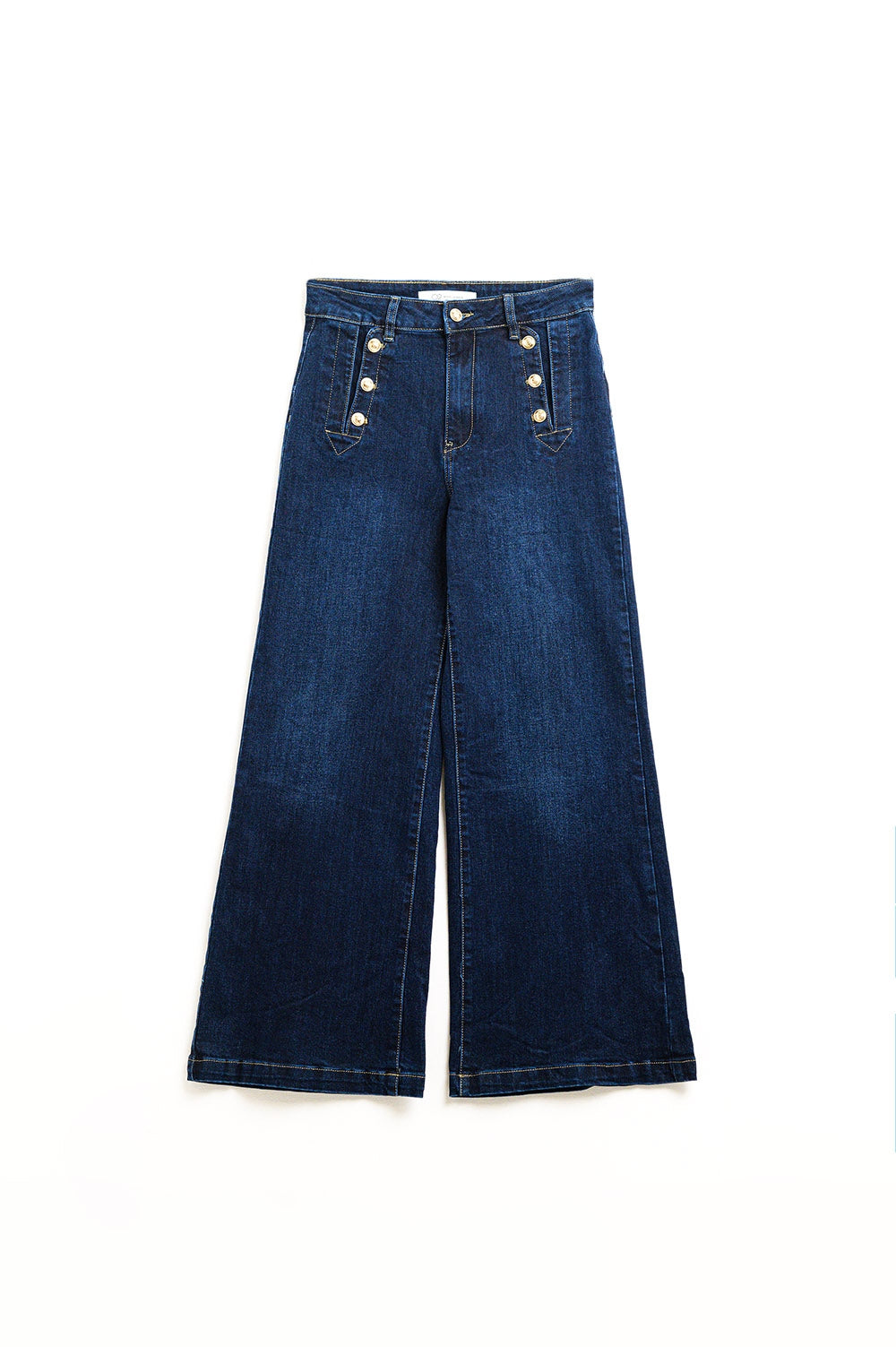 Jeans à jambe large de style marin avec boutons dorés