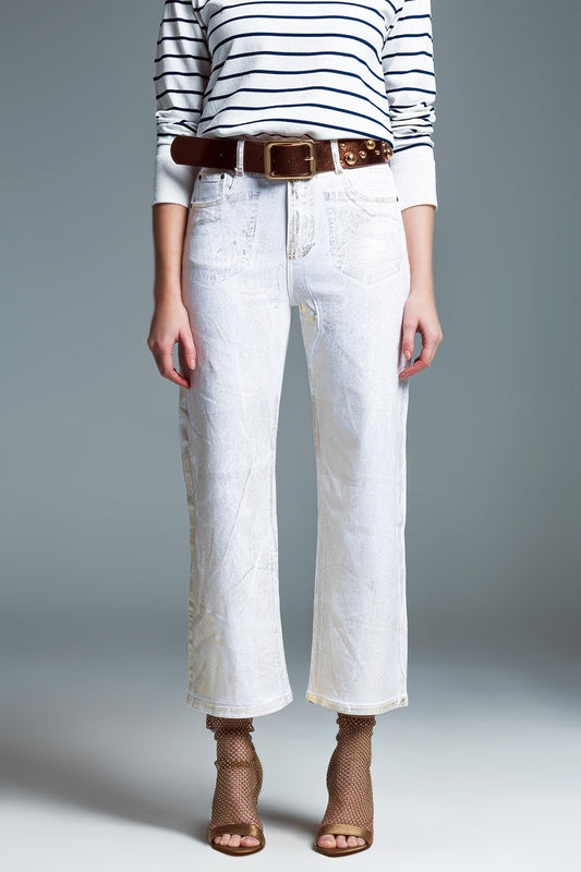 Q2 Jeans blanc à jambe large avec finition métallique en or