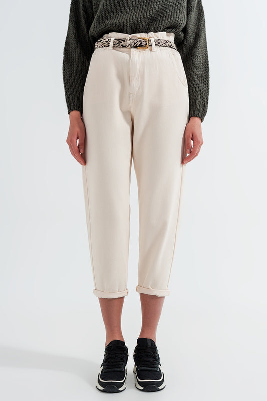 Q2 Jeans droit à taille haute paperbag Crème