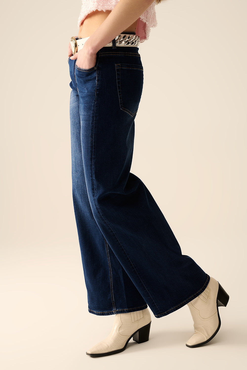 jeans en denim extensible à jambe large lavés foncés