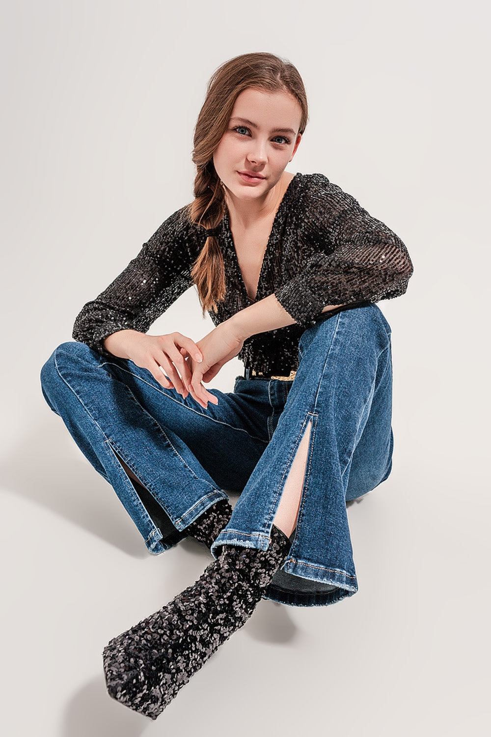 Q2 Jeans évasé à ourlet fendu