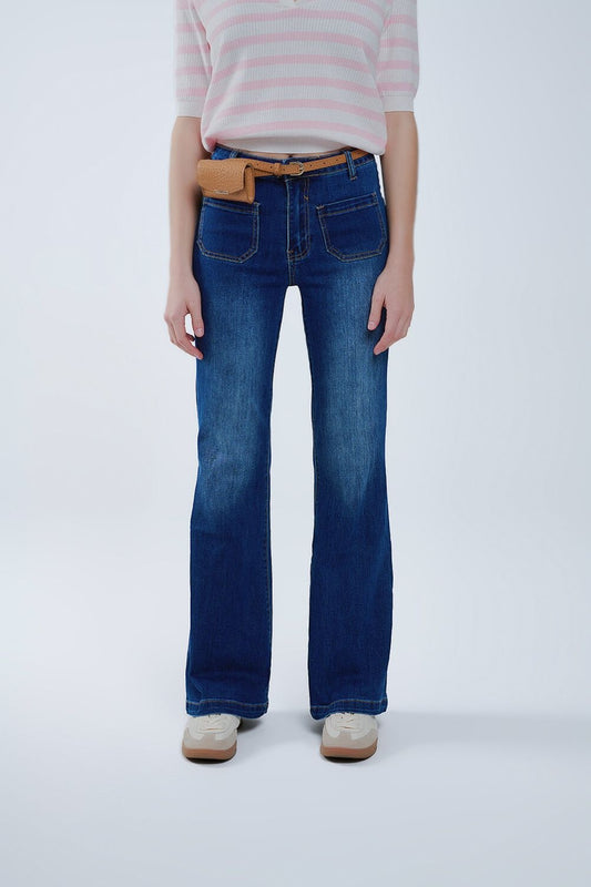 Q2 Jeans évasés bleu foncé avec poches avant