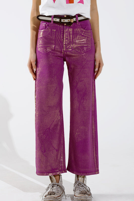 Q2 Jeans Magenta à jambe large avec finition métallique en or