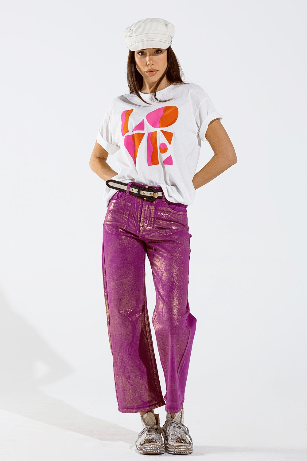 Jeans Magenta à jambe large avec finition métallique en or