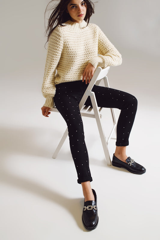 Q2 Jeans Skinny avec des Strass Noir
