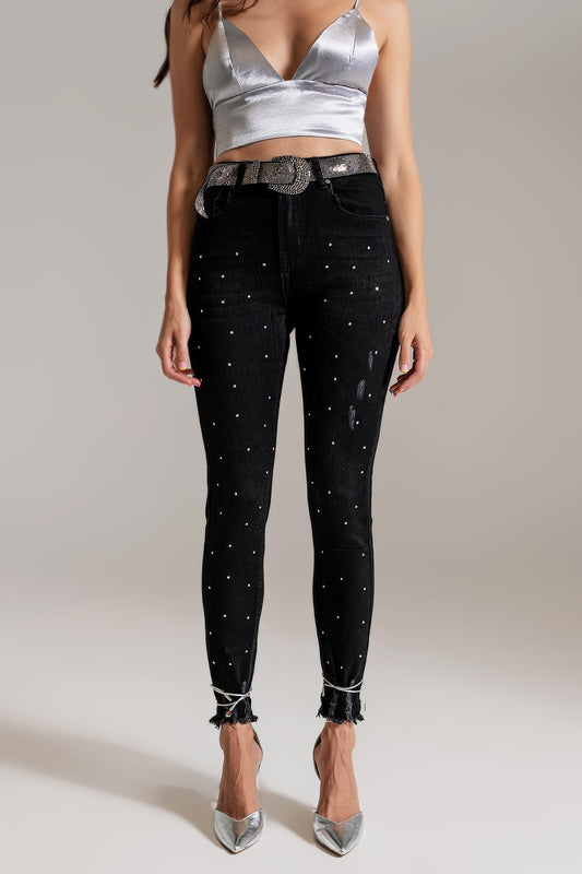 Q2 Jeans Skinny avec Détails Ornés en Lavage Noir