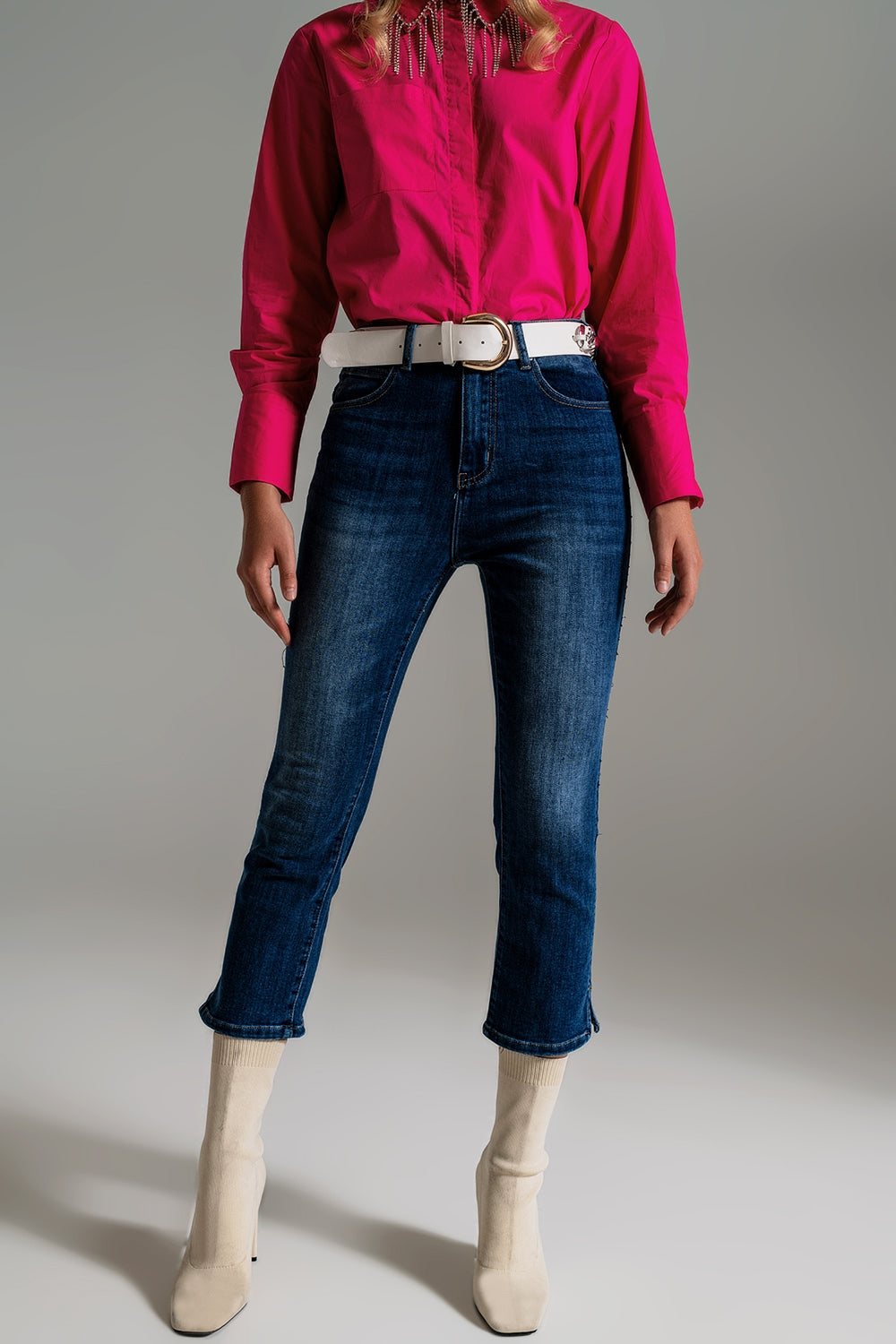 Q2 Jeans skinny coupés avec lavage foncé