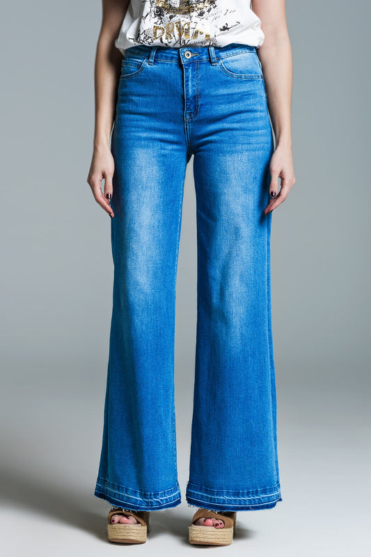 Q2 Jeans style palazzo à délavage moyen avec double piqûre à l'ourlet