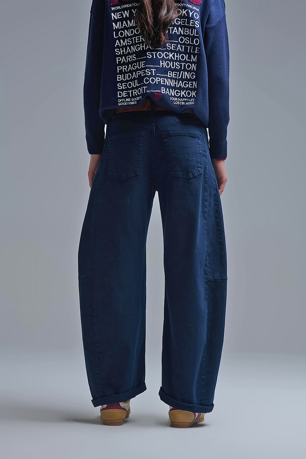 Jeans tendance à poches ballon baril marine