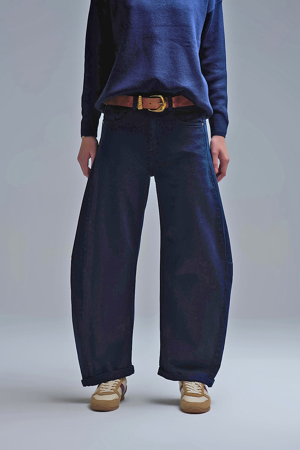 Q2 Jeans tendance à poches ballon baril marine