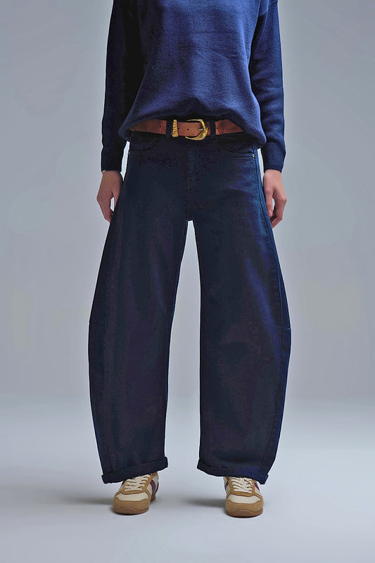 Q2 Jeans tendance à poches ballon baril marine