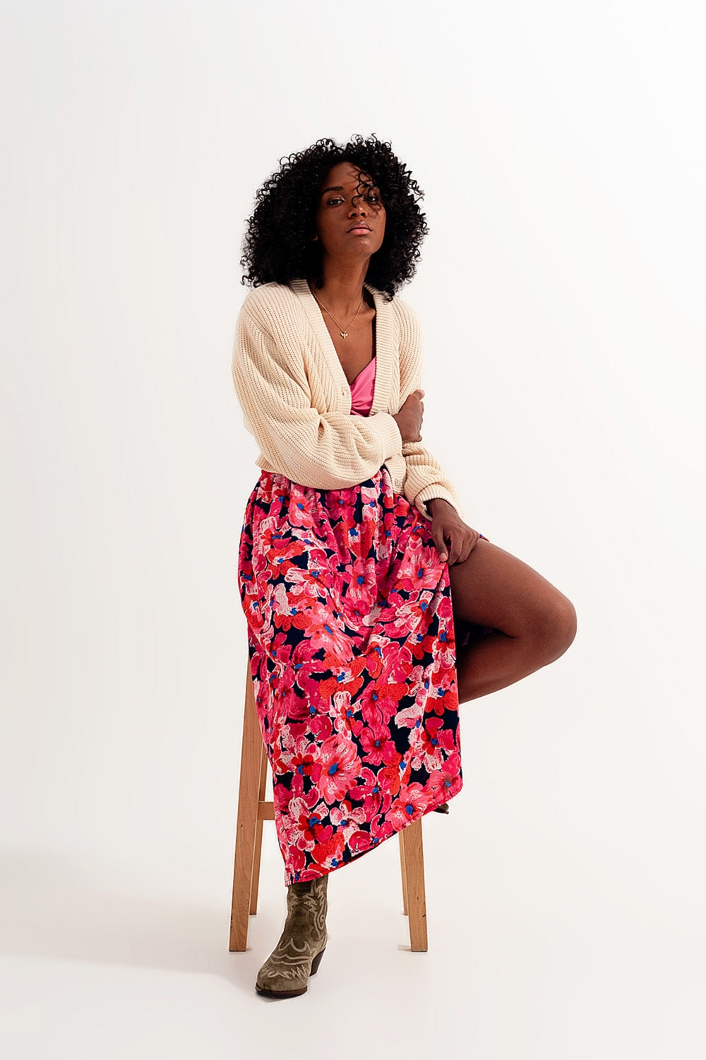Q2 Jupe à imprimé floral rose vif
