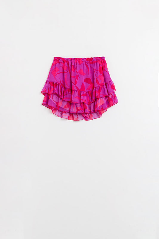 Q2 Jupe froncée en rose et rouge avec taille élastique