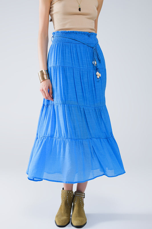 Q2 Jupe longue à pinces en bleu avec taille élastique et détails en coquillage
