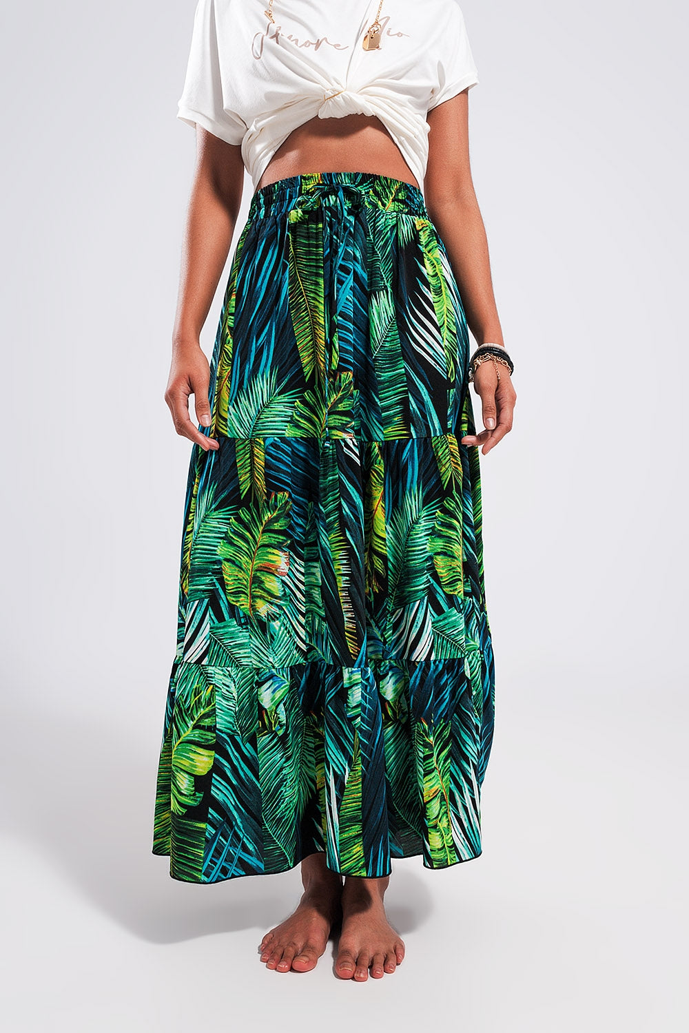 Jupe longue avec imprimé tropical Vert