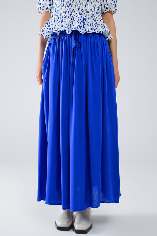 Q2 Jupe longue en tissu fluide bleu avec taille élastique