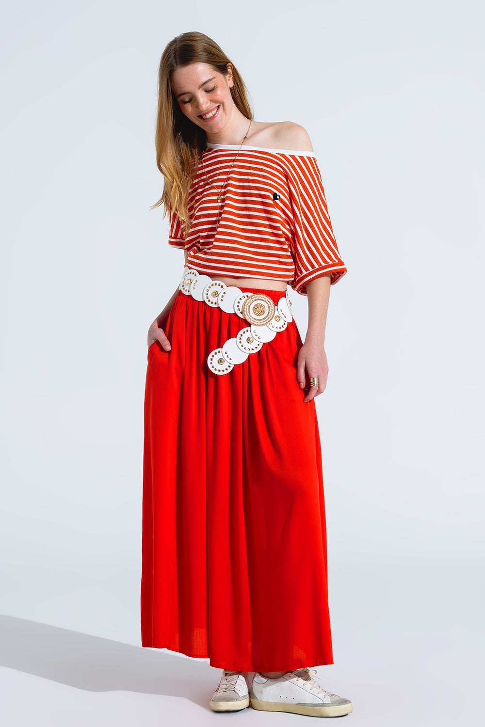 Jupe longue en tissu fluide rouge avec taille élastique