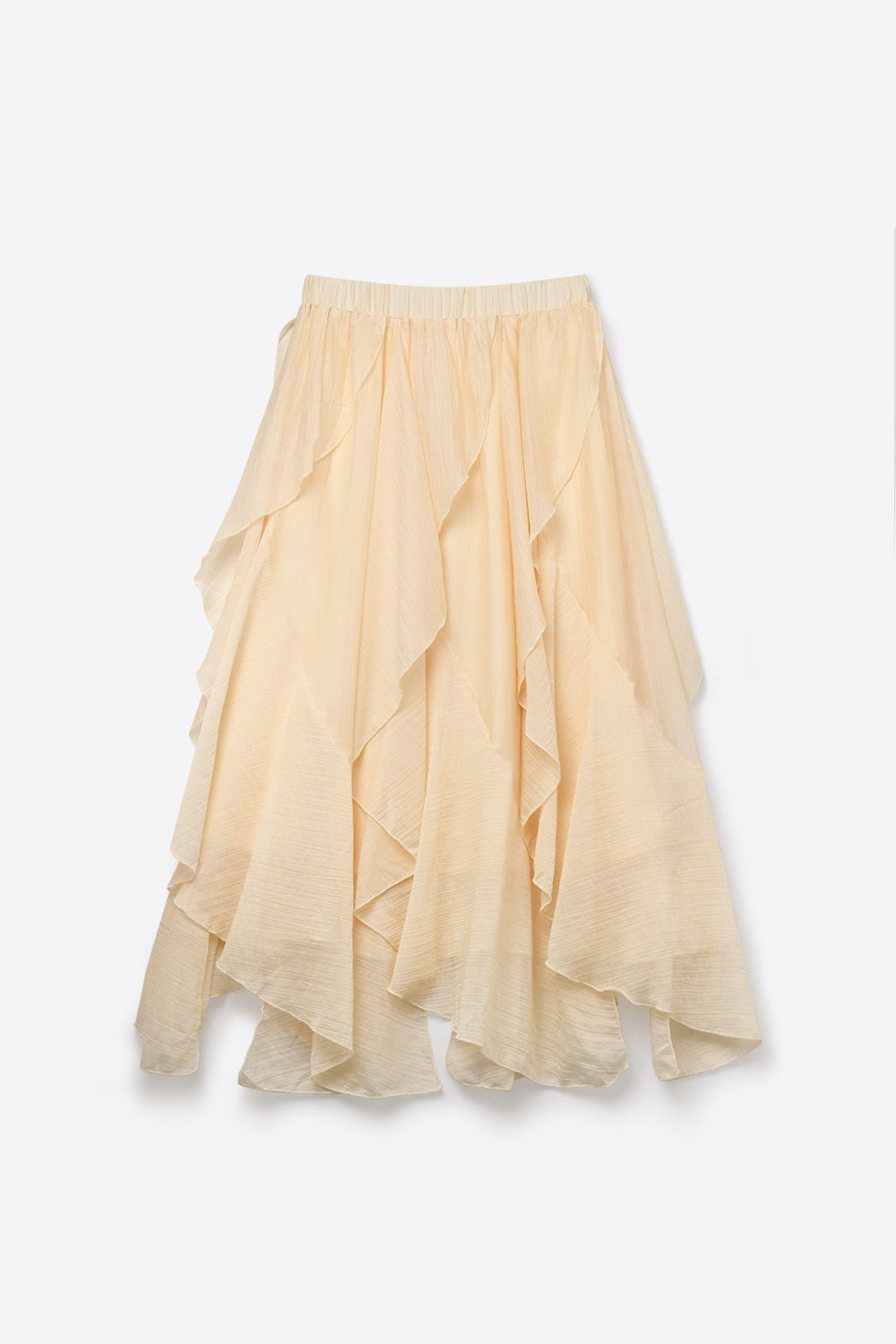 Jupe maxi asymétrique à volants en chiffon léger de couleur beige