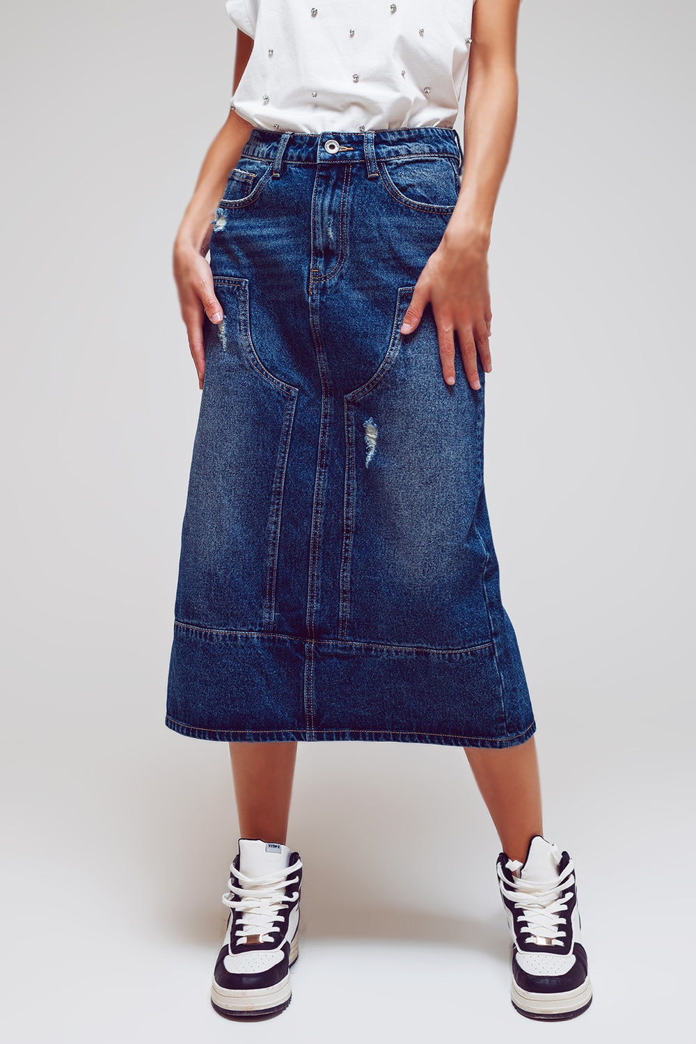 Q2 Jupe maxi crayon en denim avec détails de panneaux à l'avant