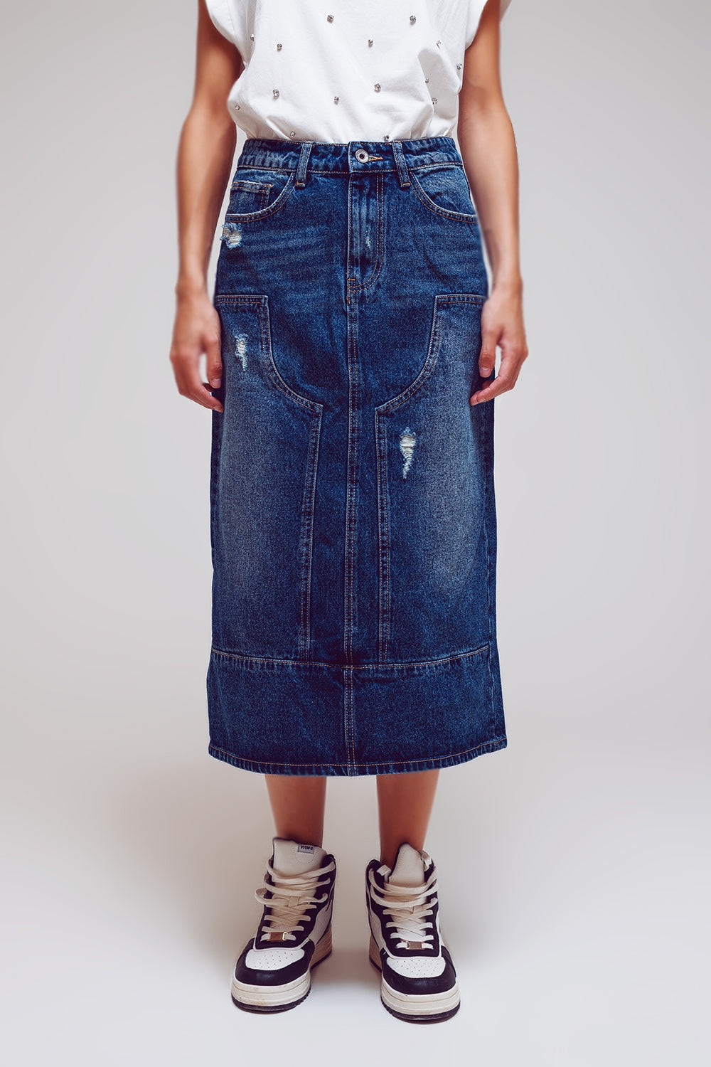 Jupe maxi crayon en denim avec détails de panneaux à l'avant