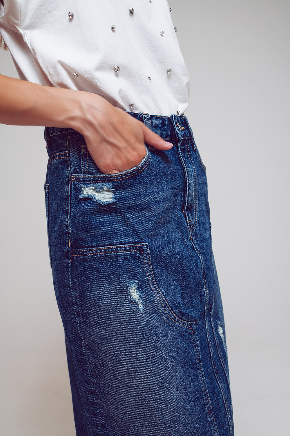 Jupe maxi crayon en denim avec détails de panneaux à l'avant