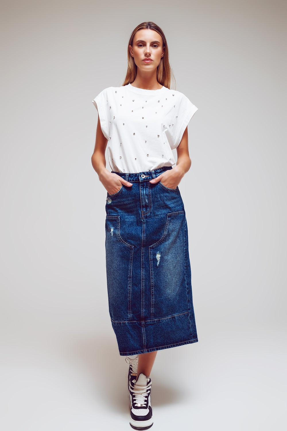 Jupe maxi crayon en denim avec détails de panneaux à l'avant