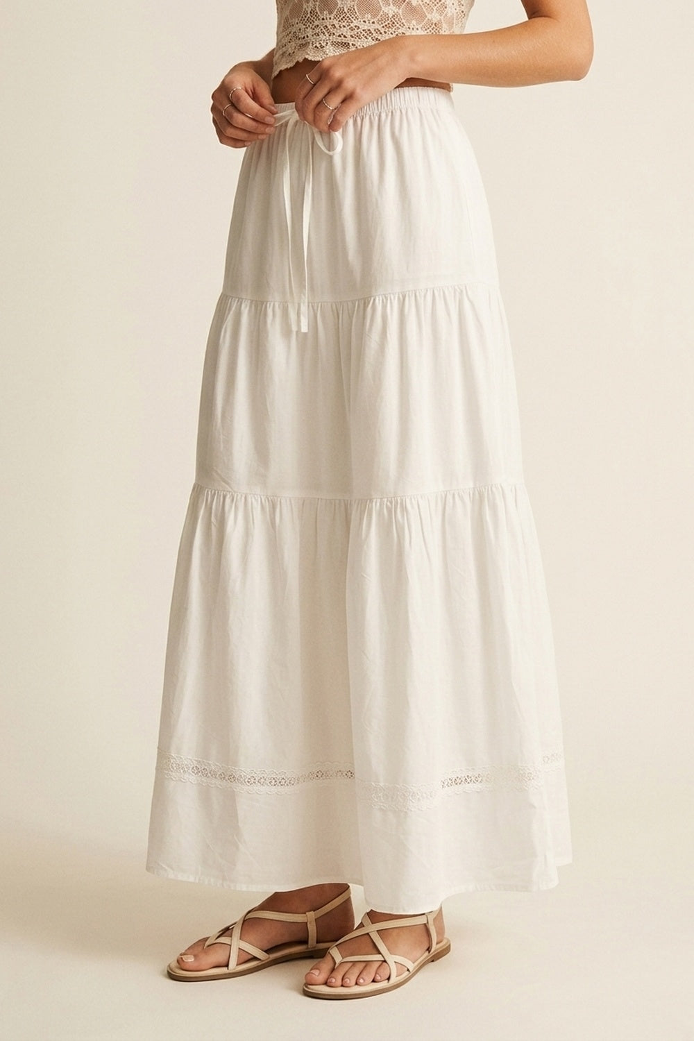Jupe Maxi en Popeline Blanche avec Détail en Dentelle