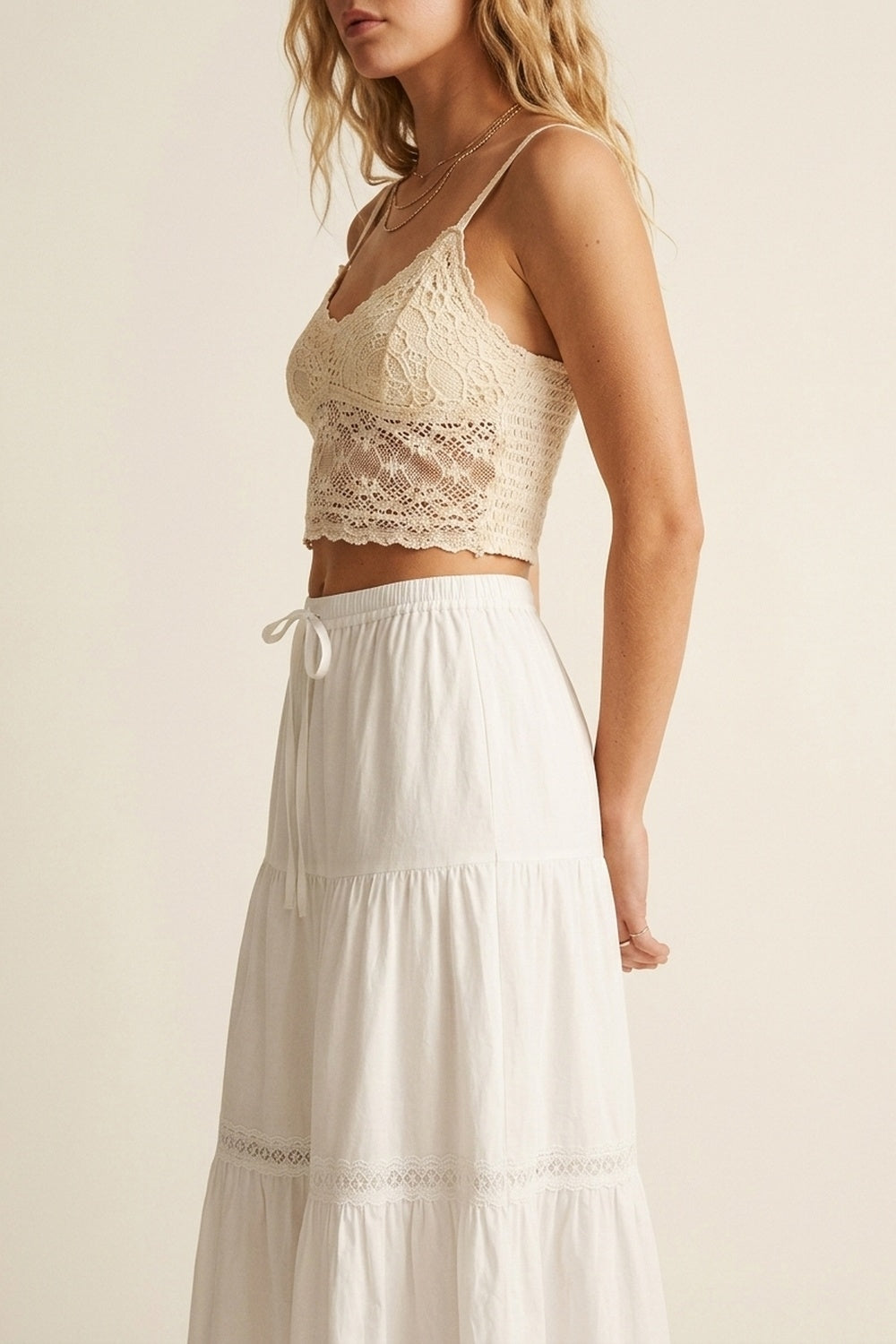 Jupe Maxi en Popeline Blanche avec Détail en Dentelle