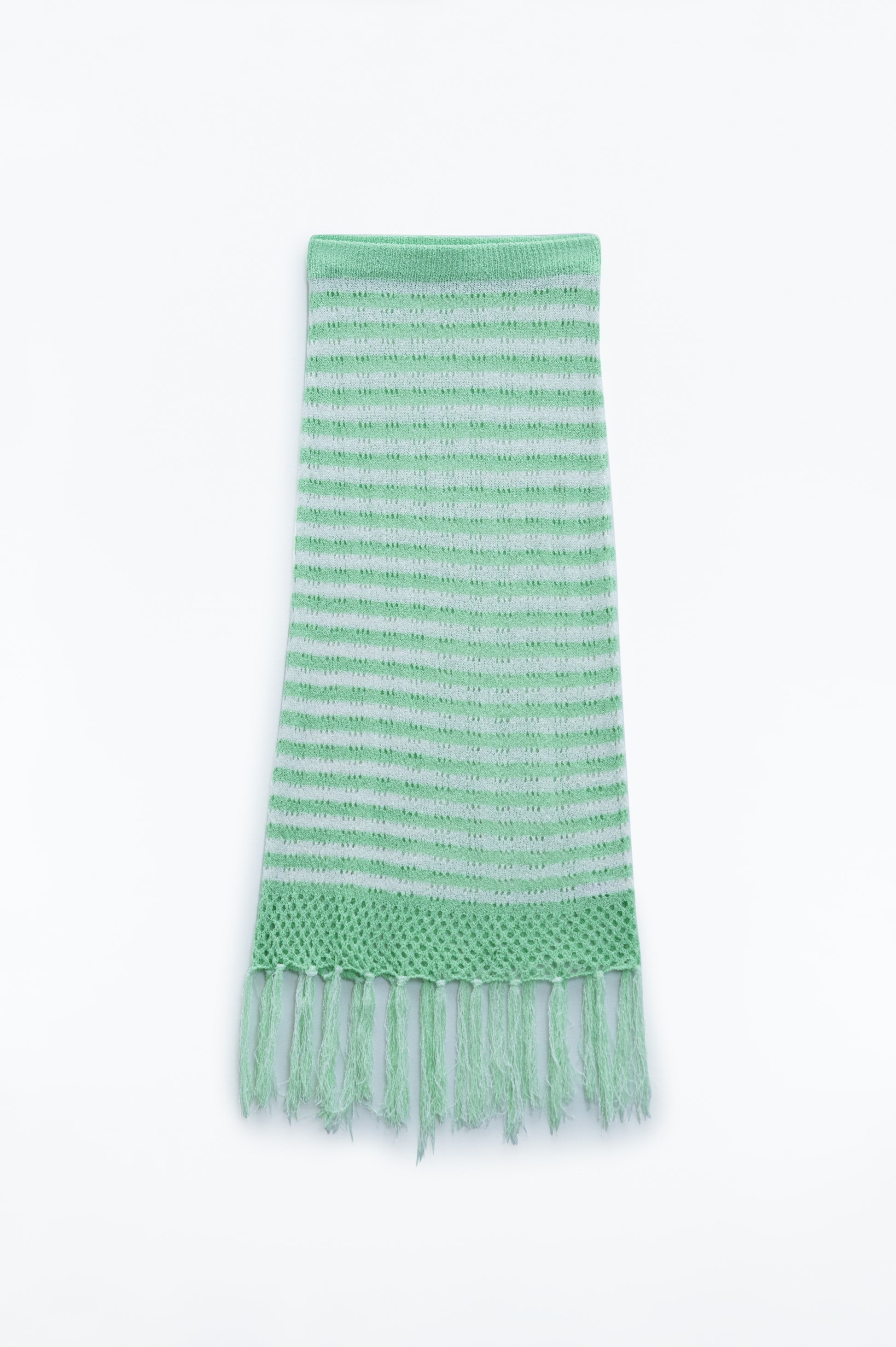 Q2 Jupe midi en crochet blanche à rayures vertes et ourlet à franges