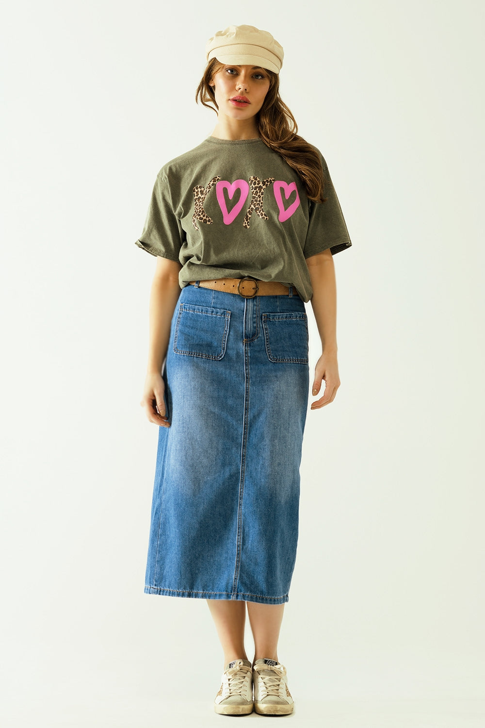 Jupe midi en denim avec poches sur le devant