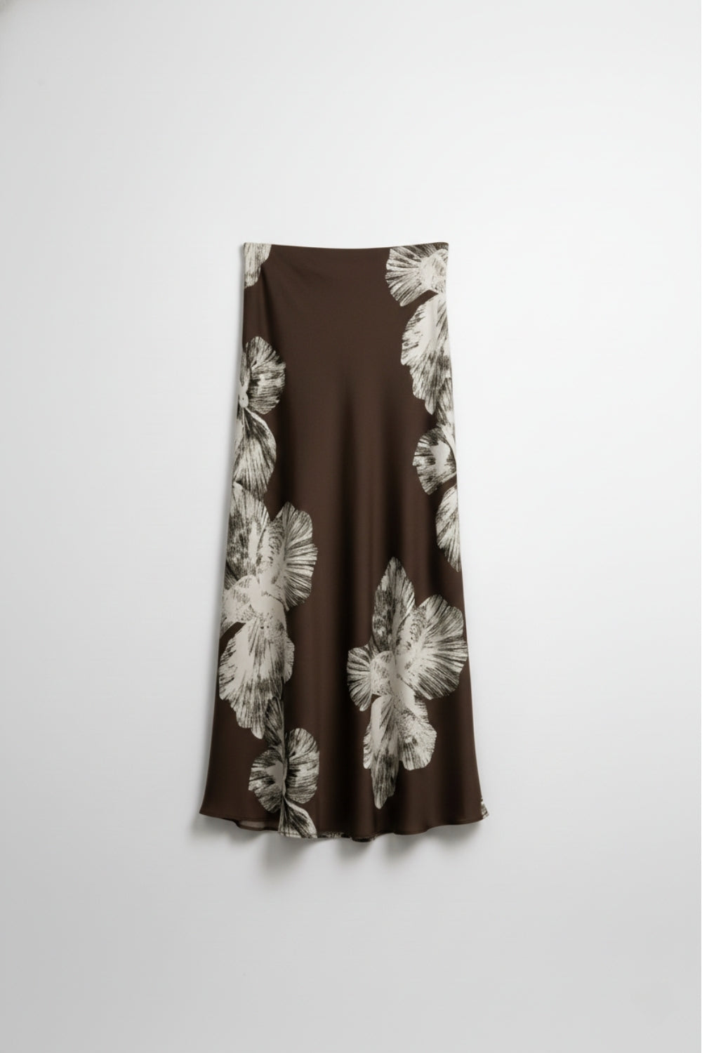 Jupe midi en satin floral brun en satin