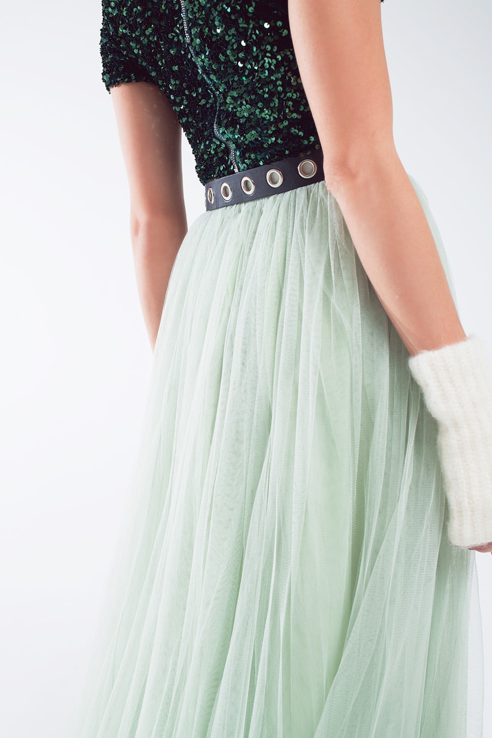 Jupe midi en tulle vert avec taille élastique