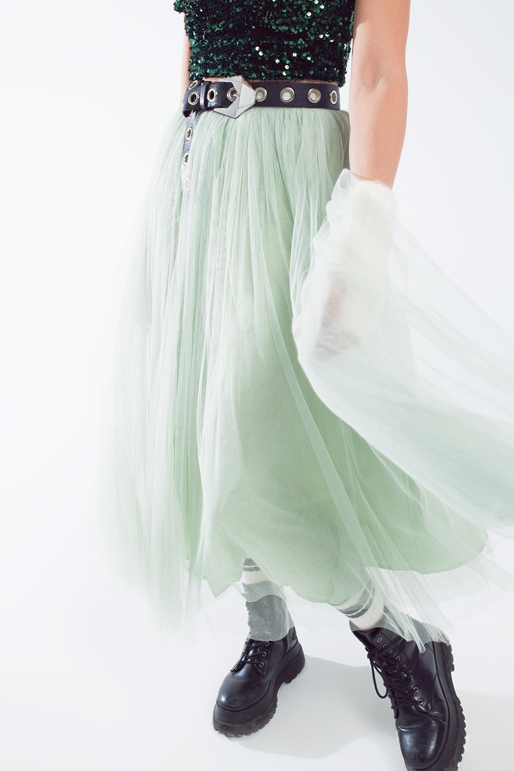Jupe midi en tulle vert avec taille élastique