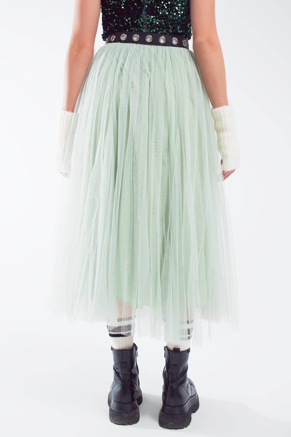 Jupe midi en tulle vert avec taille élastique