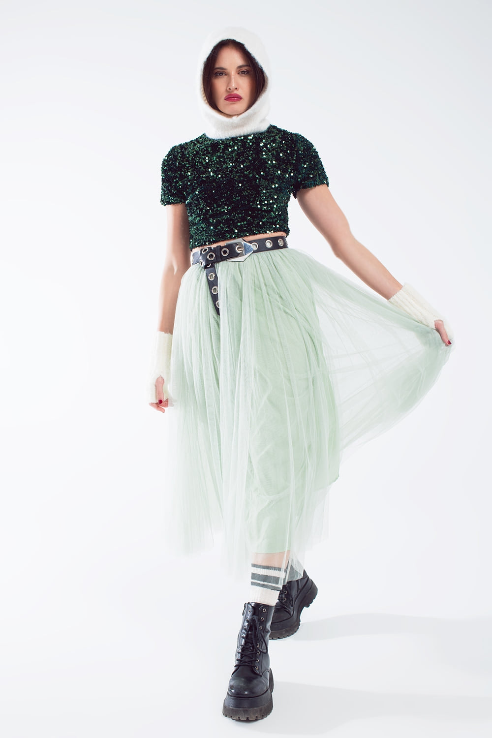 Jupe midi en tulle vert avec taille élastique
