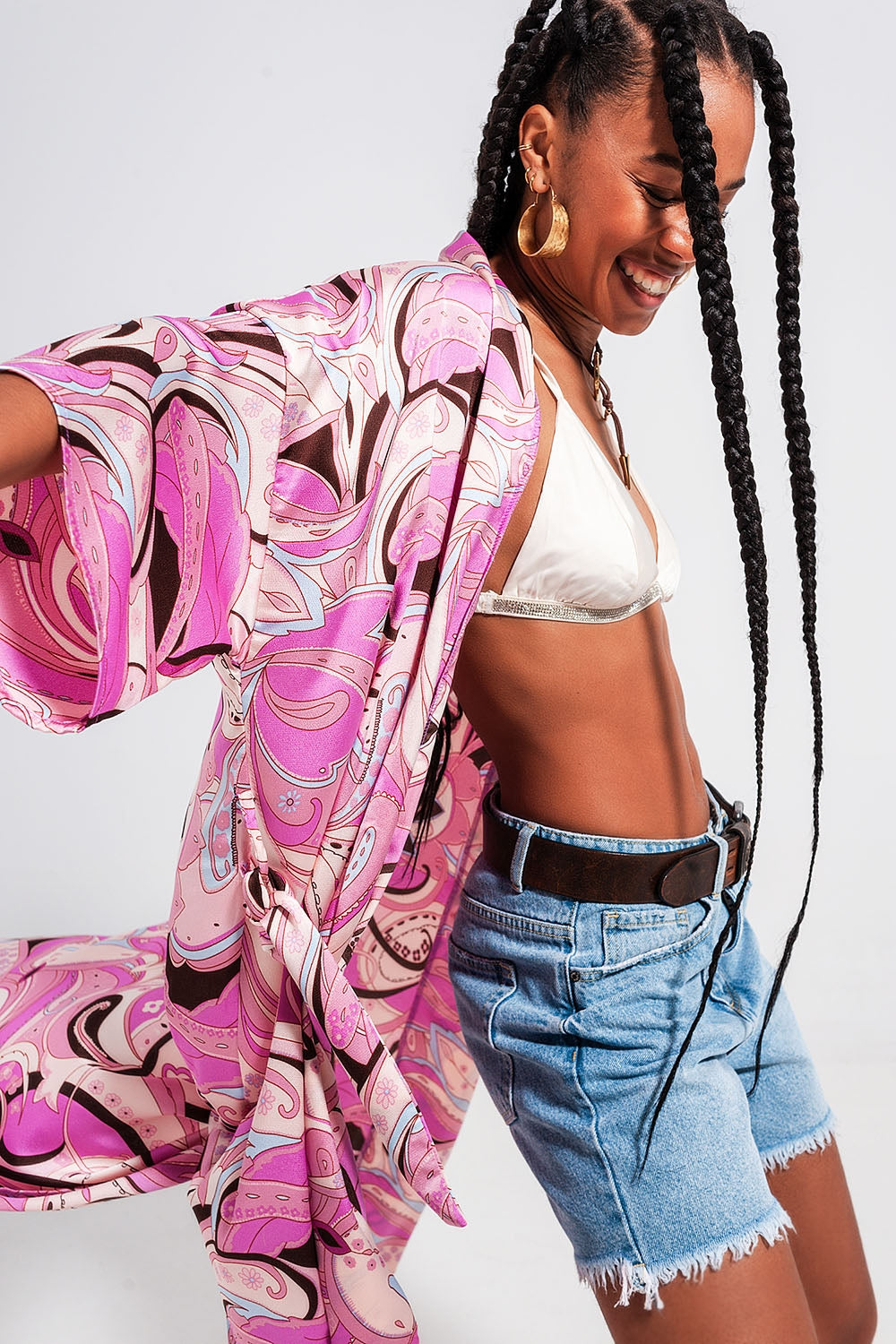 Q2 Kimono à imprimé abstrait rose