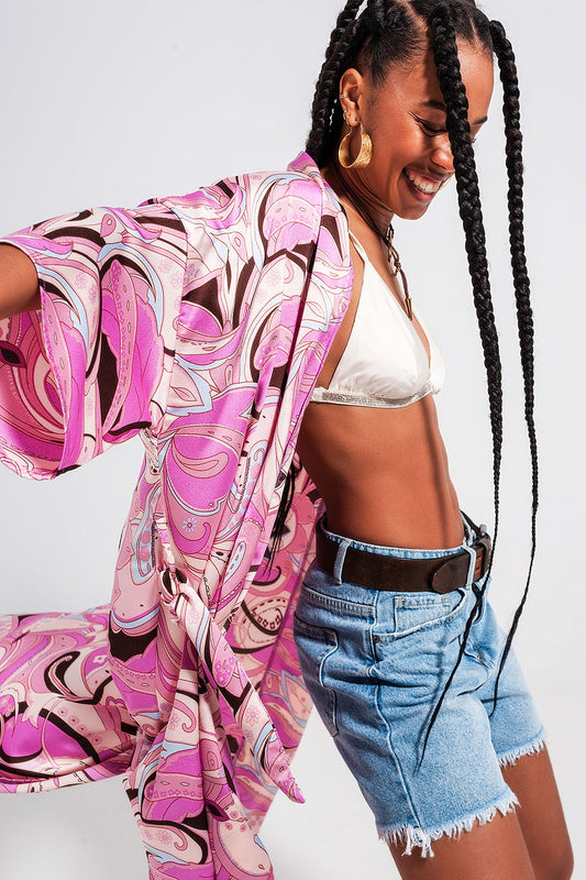 Q2 Kimono à imprimé abstrait rose