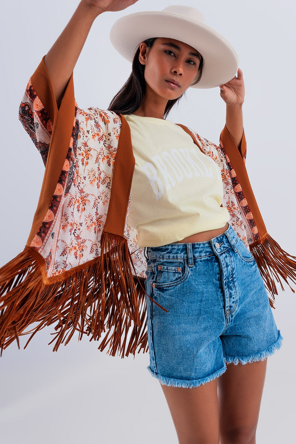Q2 Kimono à imprimé avec ourlet à franges marron