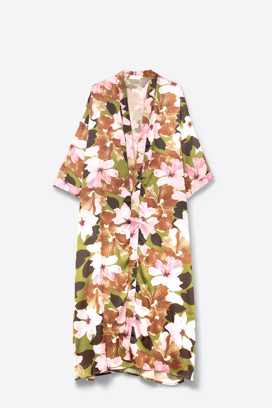 Q2 Kimono floral tropical en satin vert olive